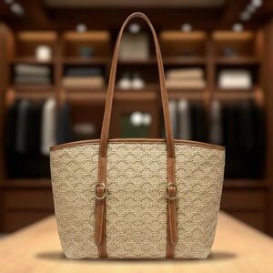 Talbots Woven Tan Straw Tote Shoulder Bag Brown Leather  Double Handles Trim